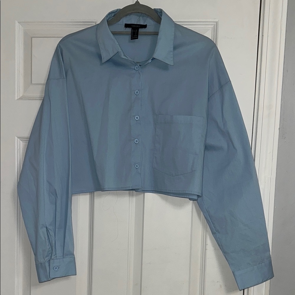 Light Blue Cropped Button-Up Shirt